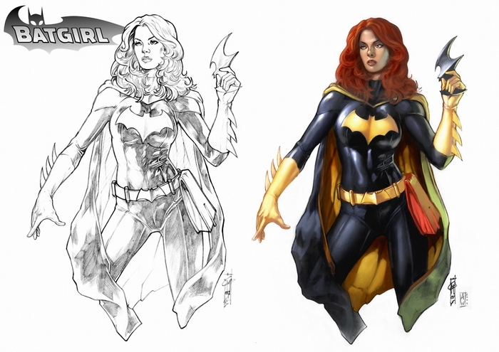 Batgirl comic art with sketch and color versions