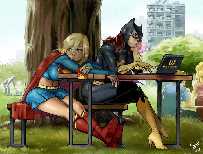 Supergirl and Batgirl at a picnic table