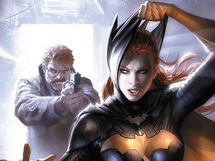 Batgirl and a man with a gun