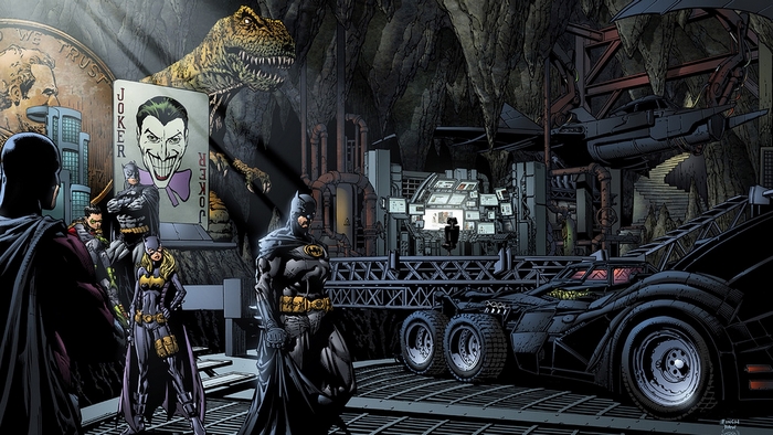 Batman and allies in the Batcave with Joker card and dinosaur