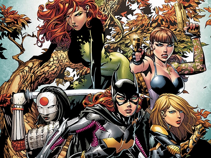 Batgirl and allies in a comic book illustration