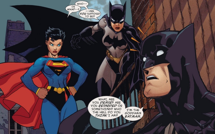 Superman, Batgirl, and Batman in Gotham City