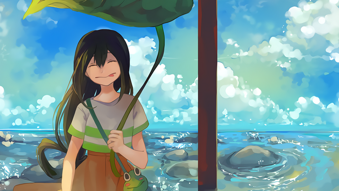 Tsuyu Asui by the Water with Leaf Umbrella