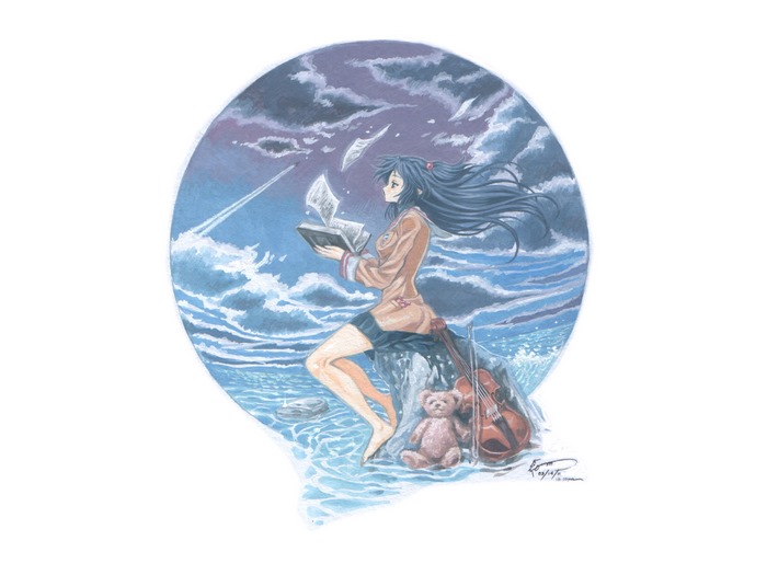 Kotomi Ichinose reading by the sea with a violin