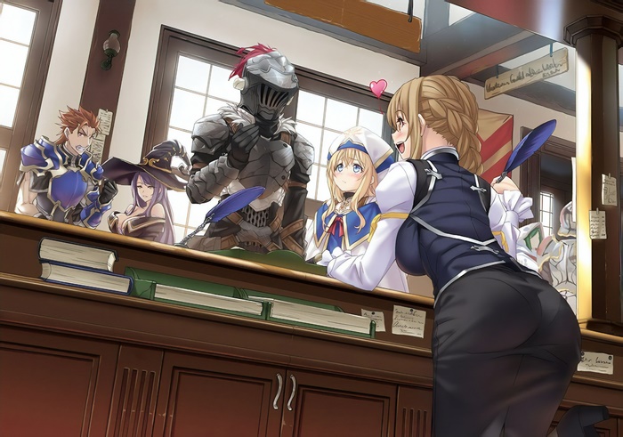 Goblin Slayer and friends at a counter