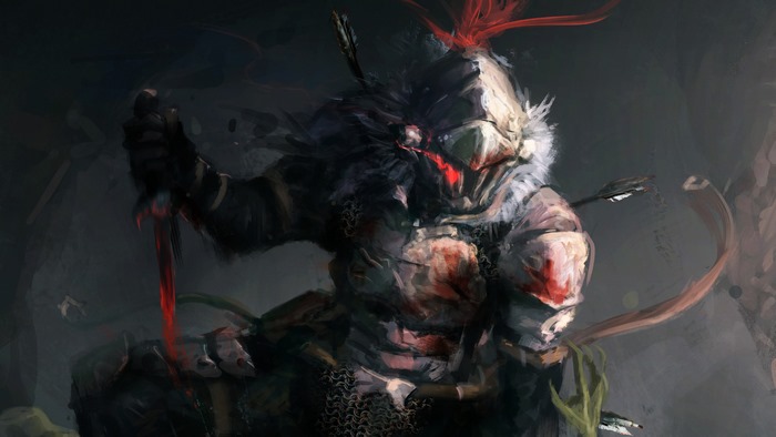 Goblin Slayer with arrows and blood