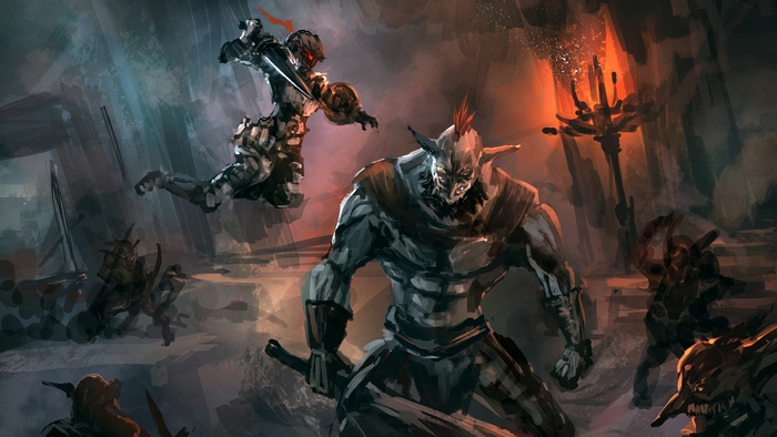 Goblin Slayer fighting goblins in a cave