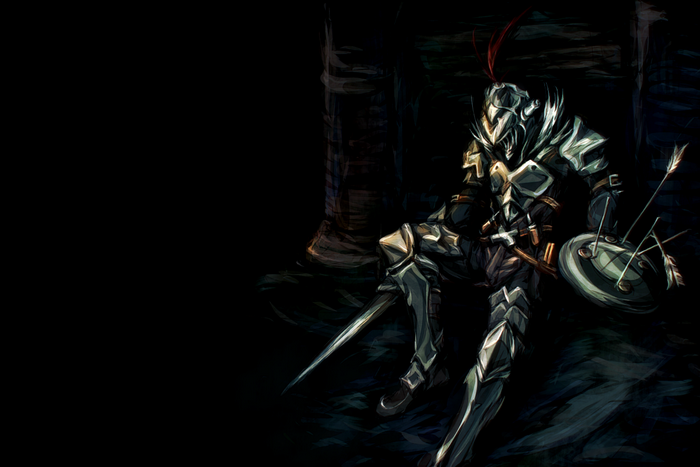 Goblin Slayer sitting in armor with sword and shield