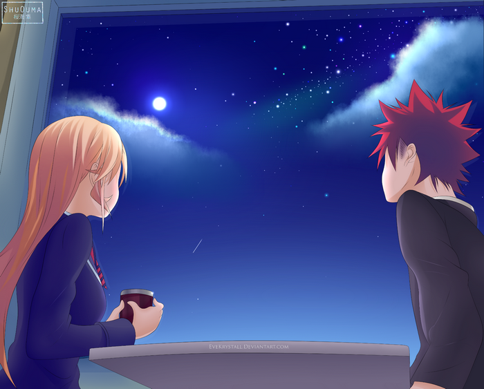 Erina Nakiri and Sōma Yukihira from Food Wars! looking at the night sky