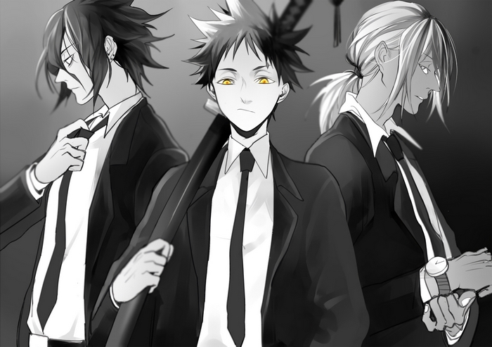 Three men in suits with swords