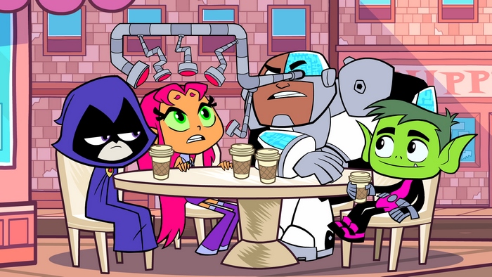 Teen Titans Go! characters at a cafe