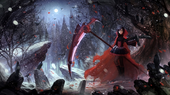 Ruby Rose with Crescent Rose in a snowy forest