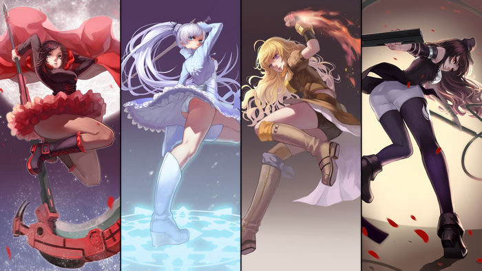RWBY characters Ruby Rose, Weiss Schnee, Yang Xiao Long, and Blake Belladonna