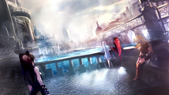 RWBY characters on a futuristic city waterfront