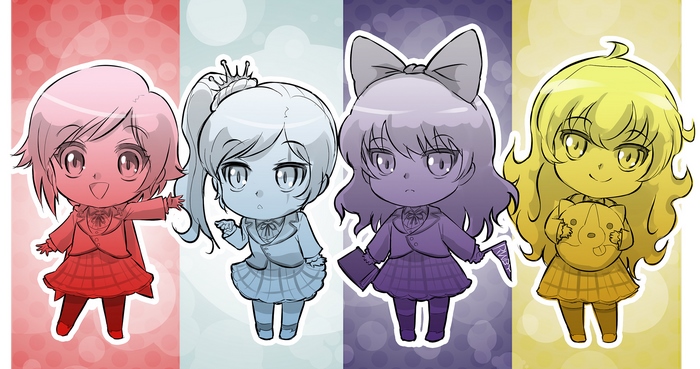 Chibi RWBY characters Ruby, Weiss, Blake, and Yang