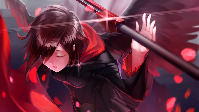 Ruby Rose from RWBY with wings and scythe