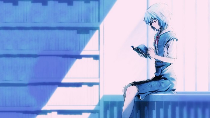Rei Ayanami from Neon Genesis Evangelion reading a book