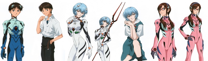 Evangelion characters Shinji, Rei, and Asuka in plugsuits