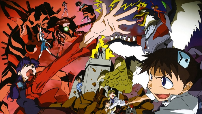Evangelion characters fighting Angels