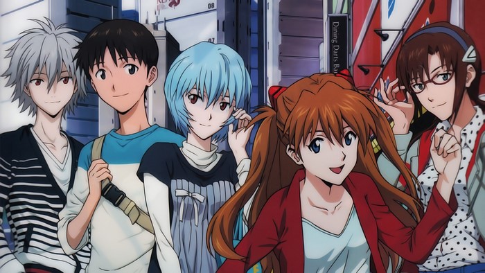 Evangelion characters Kaworu, Shinji, Rei, Asuka, and Mari