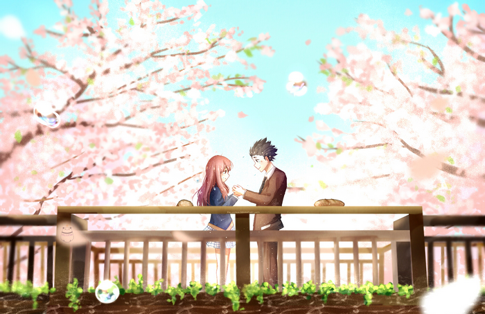 Shouya Ishida and Shoko Nishimiya under cherry blossoms