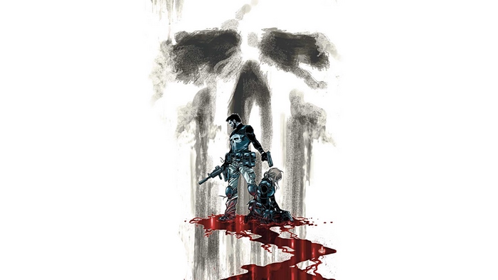 The Punisher standing over a kneeling figure