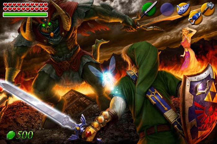 Link and Ganondorf fight with Princess Zelda watching