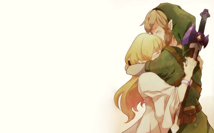 Link and Princess Zelda hugging