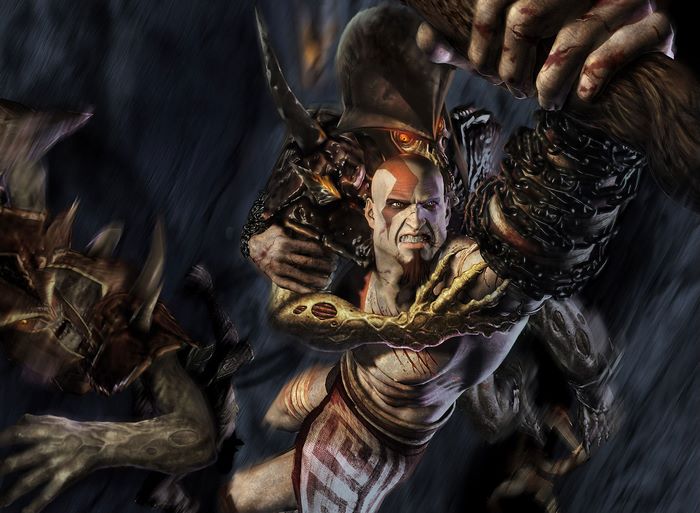Kratos fighting monsters in God of War