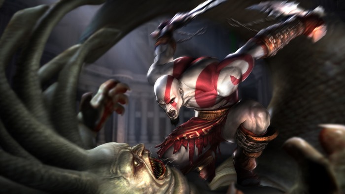 Kratos fighting a monster in God of War
