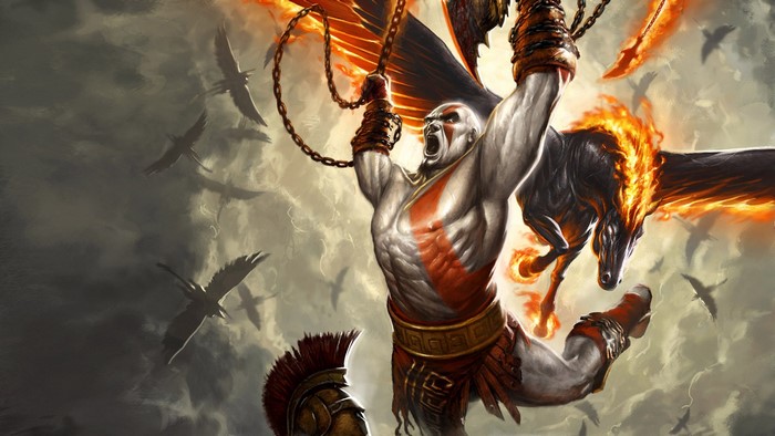 Kratos from God of War with a fiery Pegasus