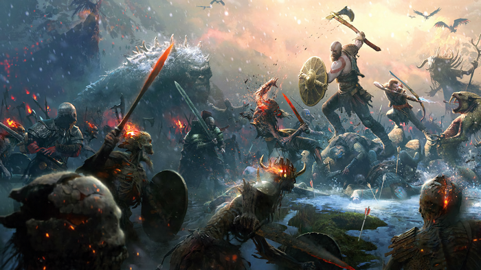 Kratos and Atreus fighting monsters in God of War