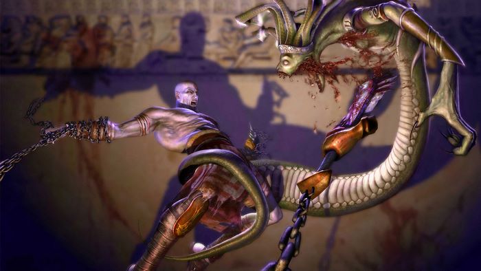 Kratos fighting a snake-like creature