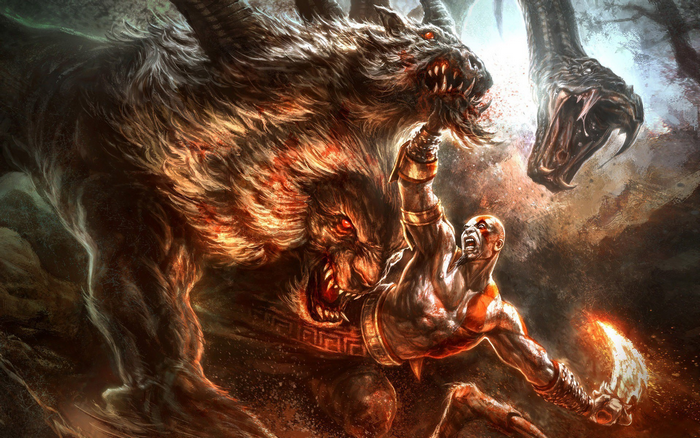 Kratos fighting a beast and a snake from God of War