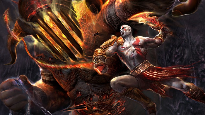 Kratos Battling a Fiery Demon Beast