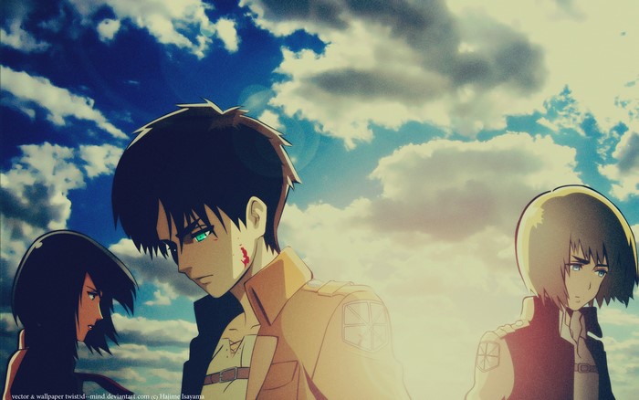 Eren Yeager, Mikasa Ackerman, and Armin Arlert from Attack on Titan
