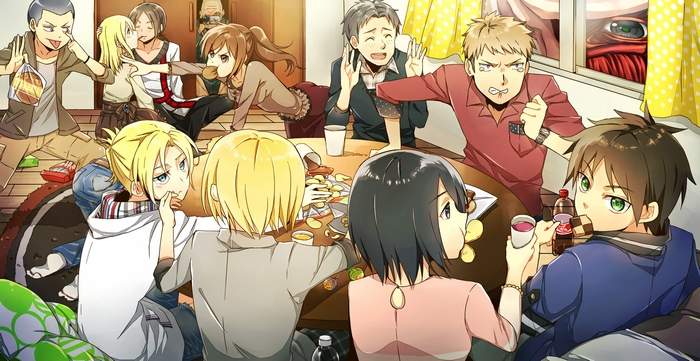 Attack on Titan characters at a party