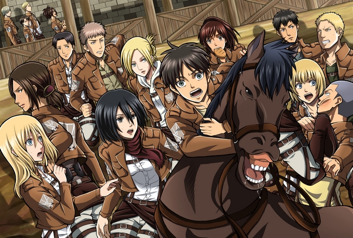 Attack on Titan characters with Armin Arlert and a horse
