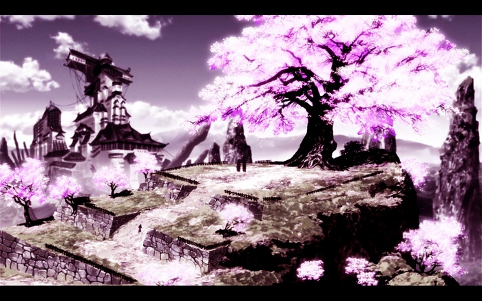 Afro Samurai castle with cherry blossoms