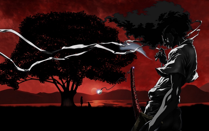 Afro Samurai smoking with sword and tree