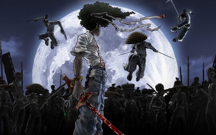 Afro Samurai fighting enemies under a large moon