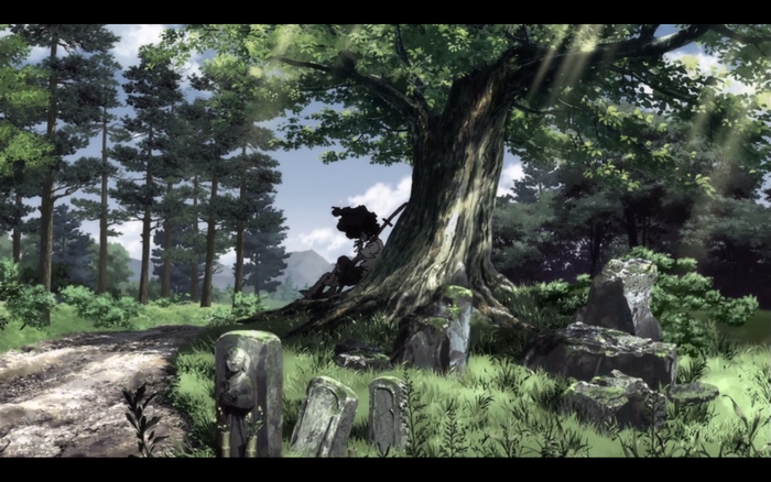 Afro Samurai resting under a tree