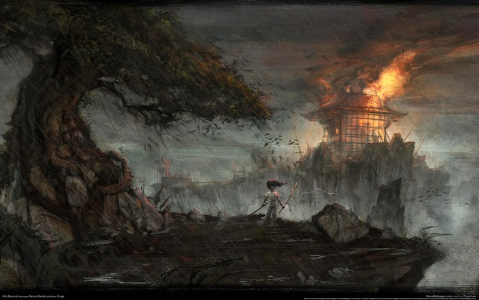 Afro Samurai on a rocky island with a burning building