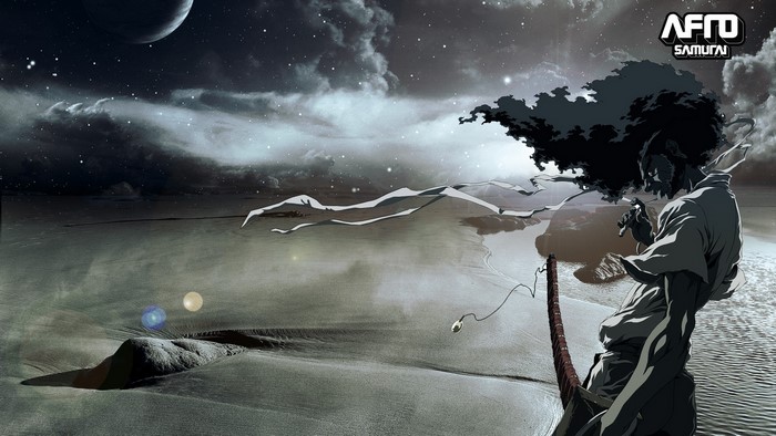Afro Samurai on a Beach Under a Moonlit Sky