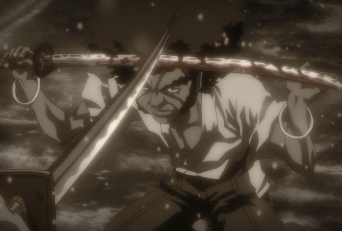 Afro Samurai holding a bloody katana
