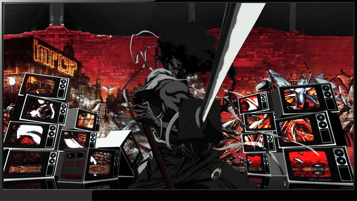Afro Samurai with swords and televisions