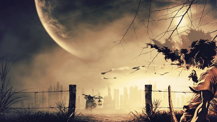 Afro Samurai in a desolate landscape