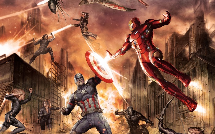 Captain America, Iron Man, Black Widow, Black Panther, Winter Soldier, and Falcon in battle