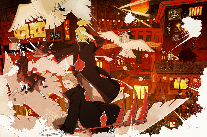 Akatsuki members in a Japanese town at night