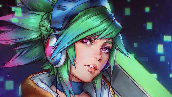 Riven from League of Legends with headphones